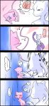  4koma :t ? akezu blue_eyes comic crossed_arms gloom_(expression) mew mewtwo motion_lines musical_note no_humans o_o pokemon pokemon_(creature) purple_eyes tail teleport translated translation_request violet_eyes 