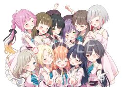  6+girls 6th_live_dream_~bloom_garden_party~ :d ;d ^_^ anyoji_hime armpit_crease bare_shoulders beret black_hair black_hat black_ribbon blonde_hair blue_eyes blue_hair blunt_bangs blunt_ends blush bob_cut braid breasts brown_hair center-flap_bangs ceras_yanagida_lilienfeld clenched_hand closed_eyes clothing_cutout colored_inner_hair commentary_request crossed_bangs diagonal_bangs dream_believers dress flower flower_stand_art frilled_sleeves frills fujishima_megumi gloves gradient_hair green_eyes grey_hair grin hair_flower hair_ornament hair_ribbon half_updo hanazora_satsuki hand_on_another's_shoulder hat inverted_bob jellyfish_cut kachimachi_kosuzu katsuragi_izumi long_hair long_sleeves looking_at_viewer love_live! love_live!_hasu_no_sora_jogakuin_school_idol_club medium_breasts medium_hair momose_ginko multi-tied_hair multicolored_hair multiple_girls murano_sayaka one_eye_closed open_mouth orange_eyes orange_hair osawa_rurino otomune_kozue pink_dress pink_flower pink_hair ponytail purple_hair raised_fist red_hair ribbon sample_watermark short_hair short_sleeves shoulder_cutout side_braids sidelocks simple_background smile star_(symbol) star_hair_ornament triangle_hair_ornament twintails under-elbow_gloves v v-shaped_eyebrows watermark white_background white_gloves yugiri_tsuzuri 