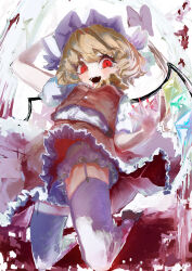  1girl abstract_background absurdres ascot blonde_hair blood blood_from_mouth bow collared_shirt commentary_request crystal crystal_wings fangs flandre_scarlet frilled_shirt_collar frills full_body garter_straps hat hat_bow highres mob_cap multicolored_wings murase_uo one_side_up red_bow red_eyes red_skirt red_vest shirt shoes short_sleeves skirt skirt_set solo thigh-highs touhou vest white_hat white_shirt white_thighhighs wings yellow_ascot 