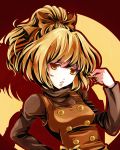  blonde_hair bow brown_eyes bust buttons close-up face hair_bow hair_up hands kurodani_yamame lips long_hair ponytail solo touhou 