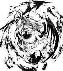  1girl ascot bat_wings brooch commentary_request hat hat_ribbon highres holding holding_polearm holding_weapon jewelry looking_at_viewer medium_hair mizuni_takenoko mob_cap pointy_ears polearm puffy_short_sleeves puffy_sleeves remilia_scarlet ribbon shirt shoes short_sleeves skirt sleeve_bow socks solo spear spear_the_gungnir touhou weapon wings wrist_cuffs 