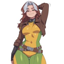 1girl bodysuit boots breasts brown_hair colored_bangs commentary english_commentary gloves green_bodysuit green_eyes green_headband headband highres jacket leather leather_jacket long_hair marvel marvel_rivals multicolored_bodysuit multicolored_hair natiwives rogue_(x-men) solo superhero_costume two-tone_bodysuit two-tone_hair white_hair x-men yellow_bodysuit yellow_boots yellow_gloves 
