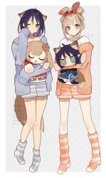  2girls absurdres animal_ears blue_cardigan blue_hair blue_shorts blue_socks brown_eyes brown_hair camisole cardigan character_doll cho_kaguya-hime! closed_mouth colored_inner_hair commentary_request doll extra_ears forehead_jewel fox_ears fox_girl fox_tail highres kaguya_(cho_kaguya-hime!) kaguya_(tsukuyomi)_(cho_kaguya-hime!) multicolored_hair multiple_girls no_shoes orange_cardigan orange_shorts orange_socks rabbit_ears rabbit_girl sakayori_iroha sakayori_iroha_(tsukuyomi) shirt shorts sleeves_past_fingers sleeves_past_wrists socks striped_clothes striped_socks tail tied_ears urtk07 white_camisole white_shirt 