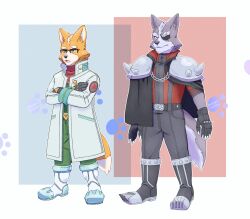  2boys absurdres aged_up animal_ears black_gloves black_pants brown_fur claws closed_mouth commentary crossed_arms english_commentary eyepatch fox_boy fox_ears fox_mccloud fox_tail furry furry_male glasses gloves green_pants grey_fur highres jacket kokorotokoro looking_to_the_side male_focus multiple_boys open_mouth pants red_shirt scar scar_across_eye scar_on_face shirt shoulder_spikes spikes star_fox tail white_jacket wolf_boy wolf_ears wolf_o'donnell wolf_tail 