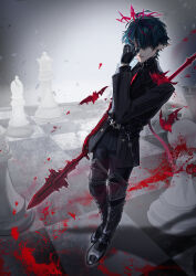 1boy absurdres arknights arknights:_endfield bat_(animal) belt board_game camille_(arknights) chess commentary gloves hair_between_eyes hakuris halo highres holding holding_polearm holding_weapon jewelry key long_sleeves looking_at_viewer male_focus mole mole_on_wrist neck_tattoo pointy_ears polearm red_eyes red_halo solo tattoo vampire weapon 