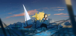  1girl absurdres bilingual_commentary black_sailor_collar black_skirt blue_eyes blurry blurry_foreground boat brown_hair chinese_commentary colorful_clouds commentary_request expressionless fishing_net fishing_rod full_body hair_ornament hairclip hargow highres holding holding_fishing_rod holding_net horizon medium_hair miniskirt mixed-language_commentary neckerchief ocean original parallel_hairclips red_neckerchief sailboat sailor_collar scenery shirt short_sleeves signature skirt solo star_(sky) star_(symbol) star_hair_ornament twilight wading watercraft white_shirt 
