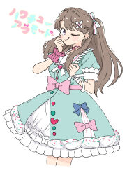  1girl :q ;q aqua_dress blush bow brown_hair cropped_legs dress dress_bow fujishima_megumi hair_bow hakuchu_a_la_mode highres kanzaki_gou long_hair looking_at_viewer love_live! love_live!_hasu_no_sora_jogakuin_school_idol_club medium_dress one_eye_closed pink_bow puffy_short_sleeves puffy_sleeves short_sleeves simple_background solo song_name tongue tongue_out two_side_up violet_eyes virtual_youtuber white_background white_bow 