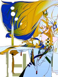  1girl arknights bare_shoulders blonde_hair blue_hair closed_mouth colored_extremities cowboy_shot dragon_girl dragon_horns dragon_tail earrings eastern_dragon_horns eastern_dragon_tail eyeliner floating_hair hair_between_eyes hair_floating_upwards highres holding holding_weapon horns jewelry long_hair long_sleeves makeup multicolored_hair necklace orange_eyeliner pointy_ears profile shu_(arknights) solo standing tail uni483569 very_long_hair weapon yellow_hands 