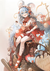  1girl :3 :d absurdly_long_hair absurdres animal_ear_fluff animal_ears blue_eyes blue_hair blush bow bow_legwear bowtie box box_of_chocolates braid breasts cake chocolate collared_shirt commentary crossed_bangs double-parted_bangs eating english_commentary food food-themed_hair_ornament food_on_face frilled_hairband frills fruit full_body gloves hair_between_eyes hair_bow hair_ornament hairband happy_valentine heart heart_tail high-waist_skirt highres holding holding_chocolate holding_food ladder leg_ribbon long_hair looking_at_viewer mary_janes medium_breasts mini_person mouse_(animal) mouse_ears mouse_girl mouse_tail on_food open_mouth original oversized_food oversized_object pantyhose petticoat pocky puffy_short_sleeves puffy_sleeves red_bow red_bowtie red_ribbon red_shoes red_skirt ribbon shirt shoes short_sleeves simple_background siocm sitting skirt smile solo strawberry strawberry_hair_ornament tail tail_bow tail_ornament twin_braids two_side_up underbust v-shaped_eyebrows very_long_hair white_background white_bow white_gloves white_hairband white_pantyhose white_shirt 