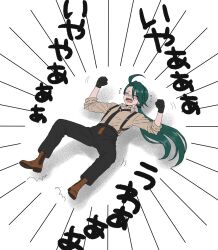  1girl ahoge black_gloves black_necktie black_pants blush boots brown_boots clenched_hands closed_eyes collared_shirt commentary_request emphasis_lines flying_sweatdrops full_body gloves green_hair highres long_hair lying necktie on_back open_mouth pants pokemon pokemon_scarlet_and_violet ponytail rara_(raca3854) rika_(pokemon) shirt solo suspenders tantrum tearing_up teeth upper_teeth_only 