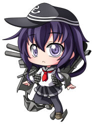  1girl akatsuki_(kancolle) black_hat black_pantyhose black_sailor_collar black_skirt blush brown_shoes chibi chibi_only closed_mouth commentary_request double_horizontal_stripe full_body hair_between_eyes hat kantai_collection long_hair long_sleeves neckerchief pantyhose pleated_skirt purple_hair red_neckerchief rigging sailor_collar school_uniform serafuku shinjitsu shirt shoes simple_background skirt solo standing standing_on_one_leg violet_eyes white_background white_shirt 