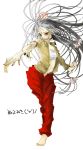  bandage bandages barefoot foreshortening fujiwara_no_mokou hair_ribbon hands holding long_hair long_sleeves midriff mouth_hold nail_polish navel ofuda open_clothes open_shirt outstretched_arms outstretched_hand pants red_eyes ribbon sarashi shirt silver_hair sira_tamako solo torn_clothes touhou translation_request wind 