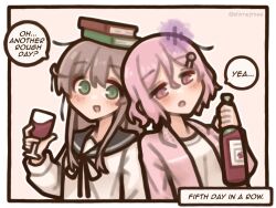  2girls alcohol book book_on_head bottle cup drinking_glass english_text green_eyes hair_ornament highres holding holding_bottle leaning_on_person long_hair long_sleeves mogawa_(shimeji_simulation) multiple_girls object_on_head open_mouth pink_eyes pink_hair sailor_collar school_uniform shimeji_simulation shimejimee shirt short_hair simple_background speech_bubble twitter_username wine wine_bottle wine_glass yomikawa_(shimeji_simulation) 