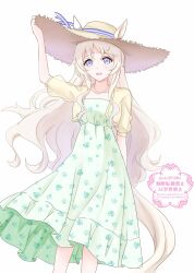  1girl animal_ears blonde_hair blue_eyes blush breasts collarbone commentary_request dress ear_covers ears_through_headwear green_dress hair_between_eyes hat highres horse_ears horse_girl horse_tail jacket jewelry long_hair looking_at_viewer necklace official_alternate_costume open_mouth see-through_clothes see-through_sleeves short_sleeves simple_background single_ear_cover small_breasts smile solo straw_hat sun_hat tail take20131004 umamusume victoire_pisa_(umamusume) yellow_jacket 
