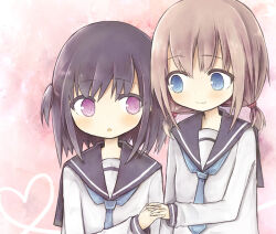  2girls amakaze_sora black_hair black_sailor_collar blue_eyes blue_necktie blush brown_hair closed_mouth eye_contact floral_background heart holding_hands long_sleeves looking_at_another looking_to_the_side low_twintails multiple_girls necktie original puffy_long_sleeves puffy_sleeves sailor_collar school_uniform serafuku shirt short_twintails smile twintails two_side_up upper_body violet_eyes white_shirt yuri 