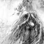  annoyed artist_request back fiery_wings fire fujiwara_no_mokou grey monochrome sketch solo spaetlese topless touhou traditional_media wings 