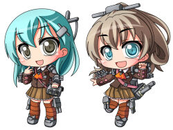  2girls :d ascot blue_eyes blue_hair blush brown_hair brown_jacket brown_skirt brown_thighhighs chibi chibi_only commentary_request frilled_skirt frills full_body grey_eyes grey_shoes hair_between_eyes hand_up headgear jacket kantai_collection kumano_(kancolle) layered_sleeves long_hair long_sleeves miniskirt multiple_girls open_mouth orange_ascot pleated_skirt rigging shinjitsu shoes simple_background skirt smile standing standing_on_one_leg suzuya_(kancolle) thigh-highs white_background zettai_ryouiki 