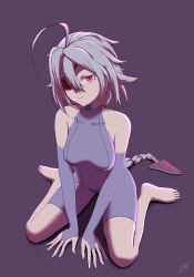  1girl absurdres ahoge arms_between_legs bare_shoulders blazblue blue_bodysuit bodysuit braid braided_ponytail breasts collarbone colored_eyelashes commentary crotch_plate english_commentary eyepatch fingernails hair_between_eyes highres huge_ahoge irvelin_70086 long_fingernails long_hair looking_at_viewer medium_breasts nu-13 purple_background red_eyes signature single_braid sitting sleeveless sleeveless_bodysuit smile solo very_long_hair wariza white_eyelashes white_hair 
