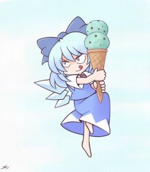 1girl 216 :q barefoot blue_background blue_bow blue_hair blue_skirt blue_vest bow cirno closed_mouth collared_shirt deformed detached_wings food full_body hair_bow holding holding_ice_cream_cone ice ice_cream ice_cream_cone ice_wings multiple_scoops shirt short_sleeves signature skirt smile solo tongue tongue_out touhou vest white_shirt wings 