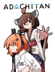  2girls a.i._voice adachi_rei ahoge blue_skirt blunt_bangs brown_eyes brown_hair carrying carrying_person closed_mouth commentary_request datemegane headgear highres jacket japanese_clothes kimono long_sleeves looking_at_viewer miniskirt multiple_girls obi open_clothes open_jacket orange_eyes orange_hair outstretched_arm parody pleated_skirt pragmata red_sash sash short_hair simple_background skirt smile touhoku_kiritan utau voiceroid white_background white_jacket white_kimono wide_sleeves 
