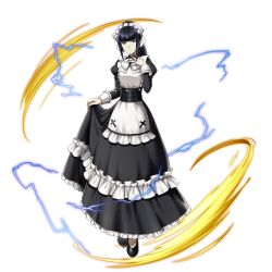  1girl apron artist_request black_eyes black_hair blunt_bangs bow bowtie breasts closed_mouth dress electricity fantasy full_body game_asset grand_summoners hand_on_own_chest holding_own_dress long_hair long_sleeves looking_at_viewer maid maid_headdress medium_breasts narberal_gamma official_art overlord_(maruyama) ponytail puffy_long_sleeves puffy_sleeves simple_background solo third-party_source transparent_background white_apron white_bow white_bowtie 