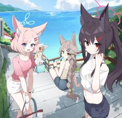  >_< 4girls absurdres alternate_costume alternate_hairstyle animal_ear_fluff animal_ears black_hair black_shorts blonde_hair blue_archive blue_eyes blue_halo blush braid brown_hair closed_eyes closed_mouth clouds commentary_request cropped_shirt dress food food_in_mouth fox_ears fox_girl green_eyes green_halo half_updo halo hat highres holding holding_food holding_popsicle inapple korean_commentary kurumi_(blue_archive) long_hair multiple_girls navel niko_(blue_archive) ocean open_mouth otogi_(blue_archive) outdoors pink_hair pink_shirt ponytail popsicle popsicle_in_mouth red_eyes red_halo shirt short_hair short_shorts short_sleeves shorts sitting sitting_on_stairs sky smile stairs stomach sun_hat sundress t-shirt very_long_braid very_long_hair white_dress white_hat white_shorts yukino_(blue_archive) 