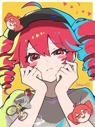 1girl ahoge artist_name bicycle blush brown_shirt commentary_request drill_hair hands_on_own_hips highres kasane_teto looking_at_viewer red_hair shirt twin_drills utau uzuki_sena yellow_background yukkuri_shiteitte_ne 