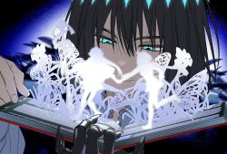  1boy 2girls artoria_caster_(fate) artoria_caster_(second_ascension)_(fate) artoria_pendragon_(fate) black_claws black_hair blue_eyes bob_cut book bug butterfly claws closed_mouth double-parted_bangs empty_eyes fairy fate/grand_order fate_(series) fingernails floating_hair frilled_shirt_collar frills fujimaru_ritsuka_(female) fujimaru_ritsuka_(female)_(polar_chaldea_uniform) full_body glowing glowing_eyes hair_between_eyes half-closed_eyes head_tilt highres holding holding_book holding_hands holding_staff leg_up long_fingernails long_hair long_sleeves looking_down medium_hair multiple_girls oberon_(fate) oberon_(third_ascension)_(fate) open_book paper_cutout paper_doll portrait running sharp_fingernails shirt short_hair silhouette smile staff staff_of_selection_(fate) vo1ez white_shirt 