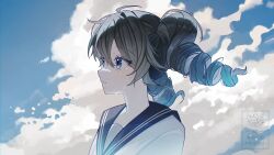  1girl absurdres ahoge alternate_hair_color blue_eyes blue_hair blue_sailor_collar blue_sky closed_mouth clouds cloudy_sky commentary_request copyright_request crying crying_with_eyes_open day drill_hair floating_hair from_side gradient_hair grey_hair hair_between_eyes highres kasane_teto kasane_teto_(sv) long_hair looking_ahead multicolored_hair outdoors portrait sailor_collar shirt siocm sky solo synthesizer_v tears twin_drills utau watermark white_shirt 