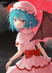  1girl absurdres back_bow bat_wings blue_hair blush bow closed_mouth commentary fang full_moon hana_yri hat hat_bow highres medium_hair mob_cap moon pink_hat pink_shirt pink_skirt pointy_ears puffy_short_sleeves puffy_sleeves red_bow red_eyes red_moon remilia_scarlet shirt short_sleeves skin_fang skirt skirt_set sleeve_bow smile solo touhou wings 