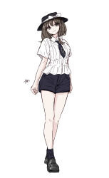  1girl absurdres adapted_costume asymmetrical_hair black_hat black_necktie black_shoes black_shorts black_socks bow brown_eyes brown_hair closed_mouth collared_shirt hair_between_eyes hair_bow hat hat_bow highres kashiwada_kiiho loafers looking_at_viewer medium_hair necktie shirt shoes short_sleeves shorts signature simple_background smile socks solo standing touhou usami_renko white_background white_bow white_shirt 