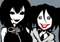  2girls alternate_costume alternate_hair_color alternate_hair_length_(shorter) black_eyes black_hair black_lips black_necktie black_theme breasts collared_shirt colored_skin cosplay creepypasta grey_background grey_hoodie hatsune_miku hood hoodie jeff_the_killer jeff_the_killer_(cosplay) large_breasts lobotoloid megurine_luka multiple_girls necktie no_nose shirt short_hair twintails vocaloid white_skin 