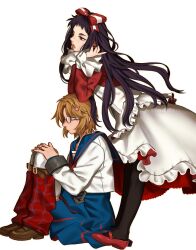  2girls absurdres black_hair blue_sailor_collar blue_skirt bow brown_hair buckle chain dress frills glasses hair_bow hair_ornament higanbana_(higanbana_no_saku_yoru_ni) higanbana_no_saku_yoru_ni highres jacket long_hair long_sleeves mary_janes moriya_marie mrntta_3704 multiple_girls official_alternate_costume open_mouth orange_eyes plaid_clothes rabbit_hair_ornament red_bow red_eyes red_shoes ribbon sailor_collar shoes short_hair sitting skirt white_background 