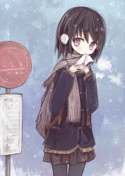  1girl amakaze_sora backpack bag black_hair black_jacket black_pantyhose breath brown_eyes brown_scarf brown_skirt bus_stop_sign commentary_request day earmuffs envelope hair_between_eyes heart holding holding_envelope jacket love_letter original outdoors pantyhose pleated_skirt scarf sketch skirt solo 