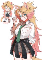  1girl absurdres animal_ears bandaid bandaid_on_face bandaid_on_nose blonde_hair blue_eyes cat_ears cat_girl cat_hair_ornament cat_tail chibi chibi_inset clothes_around_waist collared_shirt freckles green_necktie grey_skirt hair_between_eyes hair_ornament harukami_2277 highres indie_virtual_youtuber jacket jacket_around_waist jewelry leg_warmers long_hair looking_at_viewer multicolored_hair necktie obkatiekat pink_hair ponytail ring shirt skirt tail virtual_youtuber white_background white_leg_warmers white_shirt 