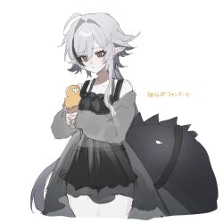  1girl arknights bikini black_bikini black_streaks brown_eyes cowboy_shot crocodilian_tail grey_hair highres holding holding_ice_cream_cone ice_cream_cone long_hair long_sleeves multicolored_hair pointy_ears sakusya2honda sidelocks simple_background solo streaked_hair swimsuit tail tail_belt tomimi_(arknights) translation_request very_long_hair white_background 