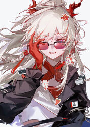  1girl absurdres arknights black_jacket chinese_commentary colored_extremities commentary_request dragon_bean_(arknights) dragon_girl dragon_horns earrings ezumly hand_up highres horns jacket jewelry long_hair long_sleeves looking_at_viewer multicolored_hair nian_(arknights) nian_(thunderbolt_director)_(arknights) official_alternate_costume one_eye_closed open_clothes open_jacket pointy_ears red-tinted_eyewear red_hands red_streaks smile solo streaked_hair tassel tassel_earrings tinted_eyewear upper_body violet_eyes white_background white_hair 