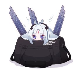  1girl animal_ears arcane_(arknights) arknights arknights:_endfield bag chibi closed_mouth commentary english_commentary facial_mark forehead_mark grey_hair hands_up highres in_bag in_container kurotofu mini_person minigirl parted_bangs recruitment_bag_(arknights) shadow short_eyebrows solo thick_eyebrows violet_eyes white_background 