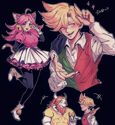  +++ 1girl 2boys ahoge animal_ears asgore_dreemurr asgore_dreemurr_(dark_world) bell black_background blonde_hair blush boots cat_ears cat_girl cat_tail closed_eyes commentary deltarune dress flowery_(deltarune) footwear_bell gloves goat_boy hair_bell hair_ornament highres horns ma_e_zo mad_mew_mew multiple_boys open_mouth orange_hair pink_dress pink_hair salute smile tail translated two-finger_salute utdr_(toby_fox) v white_boots white_gloves white_horns 