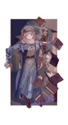  1girl :o absurdres ankii_illus blue_coat blue_eyes blue_neckerchief book boots border brown_boots brown_gloves brown_hair carrying carrying_under_arm coat commentary dark_background dress full_body gloves grey_hat hat highres holding holding_lantern holding_suitcase lantern long_dress long_hair marcus_(reverse:1999) neckerchief newsboy_cap outside_border reverse:1999 scarf solo suitcase too_many too_many_books twitter_username walking white_border white_dress white_scarf 