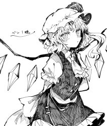  1girl arms_behind_back ascot commentary_request cowboy_shot flandre_scarlet greyscale hat itomugi-kun long_hair looking_at_viewer mob_cap monochrome puffy_short_sleeves puffy_sleeves shirt short_sleeves simple_background skirt solo touhou translation_request vest white_background wings 