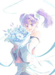  1girl bare_shoulders blue_ribbon bouquet commentary_request dress earrings flower fractale hair_flower hair_ornament highres jewelry looking_at_viewer necklace nessa_(fractale) niina_(ando27) open_mouth purple_hair ribbon solo violet_eyes white_background white_dress white_flower 