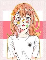  1girl bad_id bad_twitter_id braid brown_hair bug butterfly clover grey_eyes hanasato_minori heart highres long_hair looking_at_viewer open_mouth prmogumogu project_sekai shirt short_sleeves solo star_(symbol) sticker sticker_on_face teeth upper_body upper_teeth_only white_shirt 