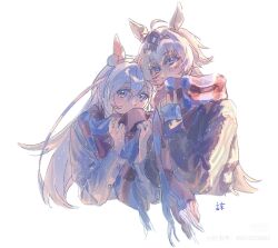  2girls ahoge animal_ears blue_eyes blue_hairband blush coat commentary_request cropped_torso ear_covers ear_ornament grey_hair hair_between_eyes hair_ornament hairband headband highres horse_ears horse_girl long_hair long_sleeves multicolored_hairband multiple_girls noa2m1 oguri_cap_(umamusume) red_headband scarf shared_clothes shared_scarf simple_background snow striped_clothes striped_hairband tamamo_cross_(umamusume) two-tone_hairband umamusume winter_clothes winter_coat 
