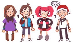  2boys 2girls :t antenna_hair arm_warmers ball_hands black_arm_warmers black_jacket black_pants black_scarf black_shoes blue_vest blush_stickers boots bow brown_boots brown_hair closed_mouth deformed dress earmuffs english_text eyelashes full_body fur-trimmed_headwear fur_trim grey_hoodie grey_leg_warmers grey_pants hair_bun hands_on_own_hips hat hood hood_down hoodie jacket junpei_(kyokugen_dasshutsu) knightofbunnies kurashiki_akane kyokugen_dasshutsu kyokugen_dasshutsu:_9_jikan_9_nin_9_no_tobira layered_sleeves leg_warmers long_hair long_sleeves multiple_boys multiple_girls open_clothes open_jacket open_vest pants pink_hair pom_pom_(clothes) profanity purple_dress red_bow red_hat red_shirt red_skirt santa_(kyokugen_dasshutsu) santa_hat scarf shirt shoes short_hair short_over_long_sleeves short_sleeves simple_background single_hair_bun single_side_bun skirt sleeveless sleeveless_shirt solid_circle_eyes speech_bubble standing twintails vest white_background white_shirt white_shoes yotsuba_(kyokugen_dasshutsu) 
