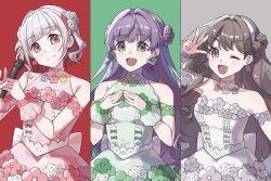  3girls bare_shoulders blush breasts brown_hair closed_mouth collarbone colored_inner_hair column_lineup commentary_request dress flower-shaped_hair fujishima_megumi green_dress green_eyes green_hairband grey_dress grey_eyes hairband hands_on_own_chest hasu_no_daisankaku highres holding holding_microphone ima_kako_mirai_no_sangenshoku long_hair looking_at_viewer love_live! love_live!_hasu_no_sora_jogakuin_school_idol_club medium_breasts microphone multicolored_hair multiple_girls otomune_kozue own_hands_together purple_hair red_dress red_eyes red_hair red_hairband ruoguiling short_hair sleeveless sleeveless_dress smile strapless strapless_dress virtual_youtuber w white_hair white_hairband yugiri_tsuzuri 