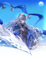  1girl animal_ear_fluff animal_ears arknights bell black_dress blue_background blue_cloak blue_shawl braid chinese_commentary cloak closed_mouth commentary_request cowboy_shot dress grey_eyes grey_hair hand_on_own_chest hand_up highres jewelry kjera_(arknights) long_hair long_sleeves looking_at_viewer necklace pramanix_(arknights) pramanix_the_prerita_(arknights) shawl shuimian_beijixing sky snow_leopard_ears snow_leopard_girl solo sun tiara twin_braids very_long_hair 