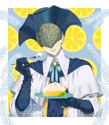  1other arizuka_(catacombe) black_cloak black_gloves black_hat black_ribbon bloodborne blush character_request cloak commentary_request elbow_gloves eye_mask food food_print fork fruit_print gem gloves grey_ribbon hand_up hat highres holding holding_fork holding_plate lemon_print lower_teeth_only mask neck_ribbon plate ribbon smile teeth tongue upper_body watermark white_background white_cloak 