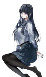  1girl black_hair black_thighhighs blue_eyes grey_neckerchief grey_sailor_collar grey_skirt hair_intakes highres hime_cut kayoi long_hair long_sidelocks mole mole_under_eye neckerchief on_floor original sailor_collar school_uniform serafuku sidelocks skirt thigh-highs white_background white_serafuku 