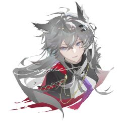  1girl absurdres animal_ears arknights black_jacket blue_eyes commission grey_hair hair_between_eyes hair_ornament hairclip highres jacket jiu_yi_wu lappland_(arknights) lappland_the_decadenza_(arknights) long_hair looking_to_the_side necktie sample_watermark scar scar_across_eye scar_on_face simple_background smile solo upper_body watermark white_background wolf_ears wolf_girl 